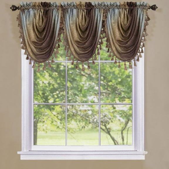 Ombre Chocolate Striped Modern Window Curtain Panel: Tasseled Waterfall Valance