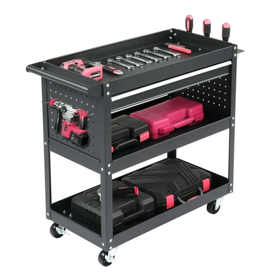 Zimtown Steel Rolling Service Tool Cart with 3 Tires, Heavy Duty Utility Cart on Wheels with Two Brake for Office, Kitchen, Warehouse, 330 lbs Capacity, Black