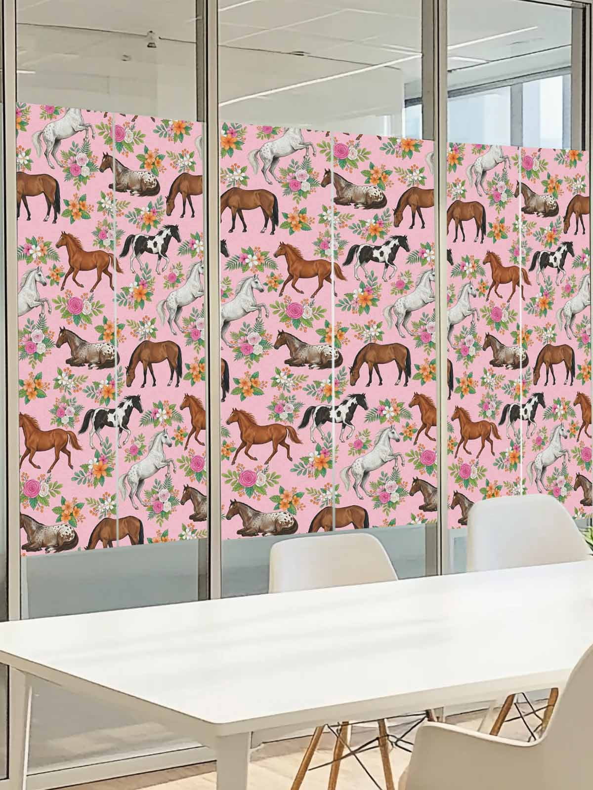 Horses Animal Window Privacy Film, Orange Flower Roses Leaf Pink Background Frosted Glass Window Clings Static Cling UV Heat Blocking Reusable Door Sticker for Bathroom 23.6 x 59 Inch