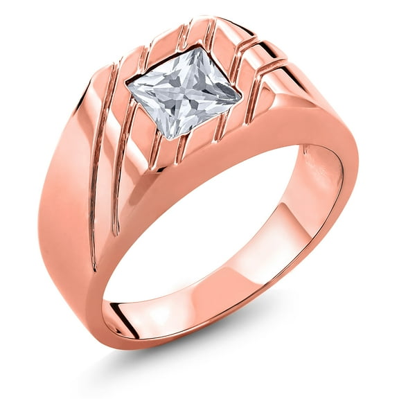 Gem Stone King 1.25 Ct Princess White Zirconia 18K Rose Gold Plated Silver Men's Ring (Size 11)
