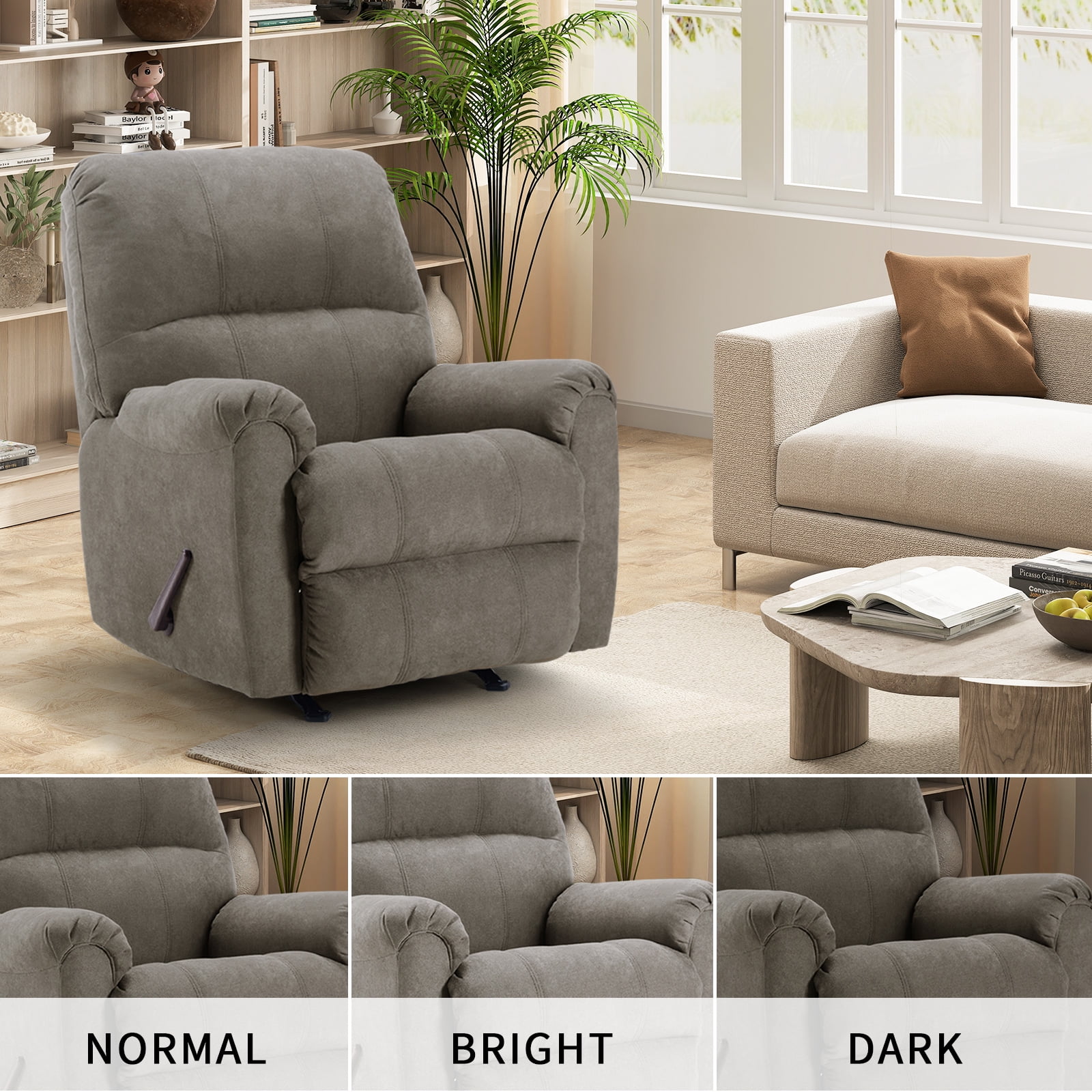 Ebello Manual Rocker Recliner Chair for Adults – Soft Fabric Reclining Sofa with Overstuffed Backrest, 300 lbs Weight Capacity,Grey