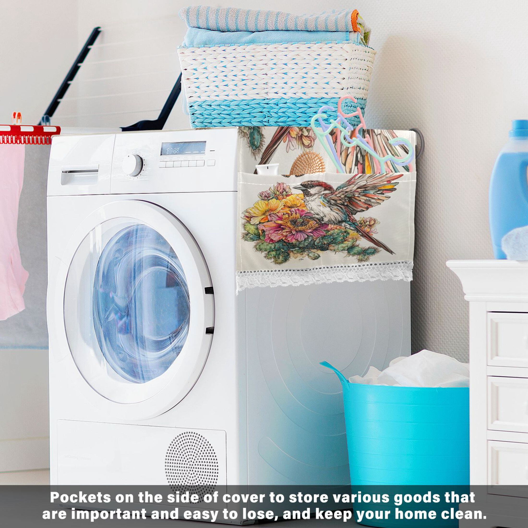 Sparrow with Cactus FlowerWasher and Dryer Covers Dust-Proof and Oil Resistant Fridge Cover with 4 Storage Pockets Washing Machine Top Cover for Laundry Kitchen Home 51.2 x 22 In