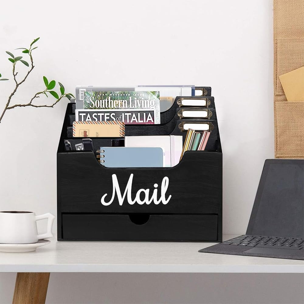 Wood Desktop Mail Organizer, Mail Organizer Countertop with 4 Compartments and Drawer for File Letter Paper Folder