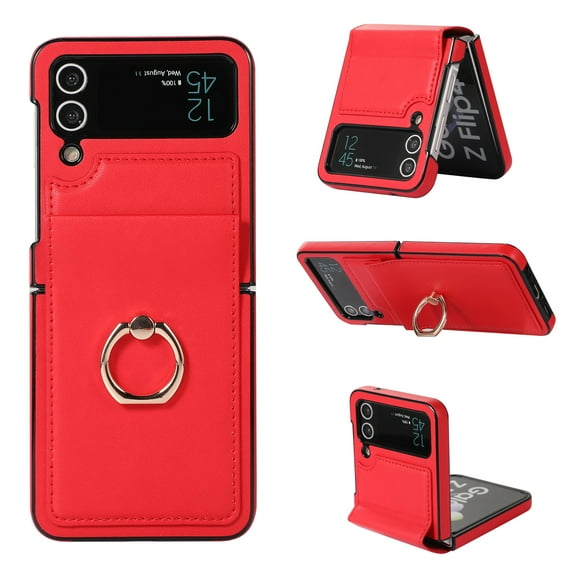 Jiahe Cover Case Compatible for Samsung Galaxy Z Flip 4 5g Case, Shockproof Luxury PU Leather Cover Protective Ring Stand Flip Anti-Scratch Case for Samsung Flip 4, Red