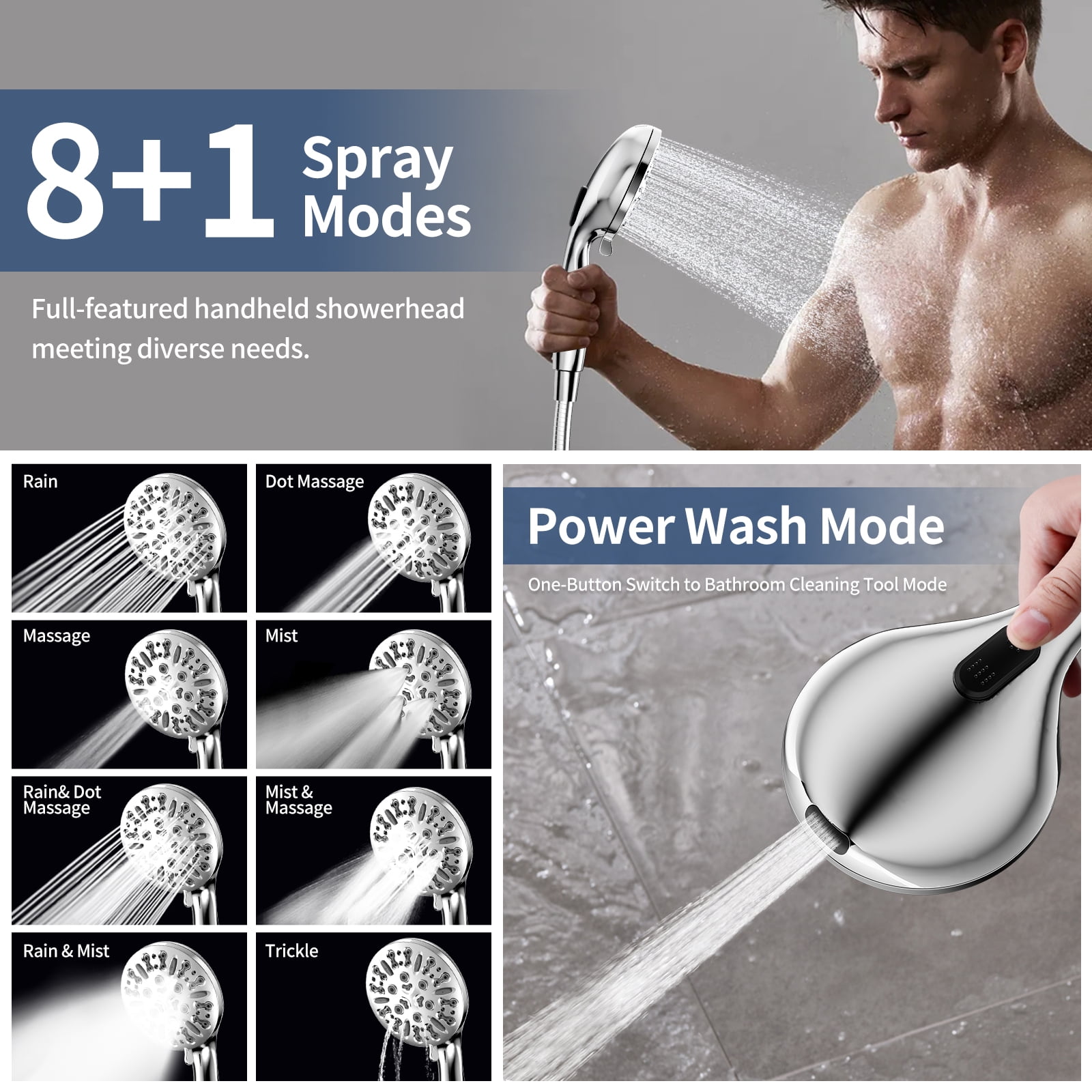KAIYING Dual Shower Heads with Handheld Spray, 9-Mode High-Pressure Rainfall Shower, 79-Inch Hose, Chrome