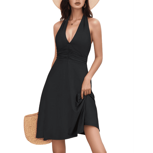 Robe d'Été Sans Manches Portefeuille à Col en V à Fleurs pour Femme, Mini, Noire, P