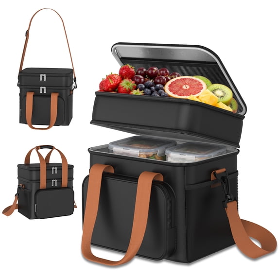 QUNSE Cooler Bag, 17L Dual-Layer Insulated Lunch Bag with Leakproof PEVA Lining, Soft Cooler Bag with Shoulder Strap for Lunch Box, Work, Picnic, Camping, Beach, Road Trip, Black
