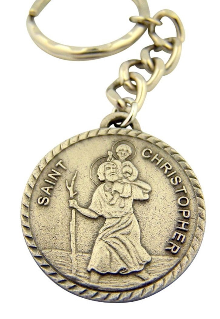 Saint Christopher Pewter Key Chain Religious Medal Travelers Children