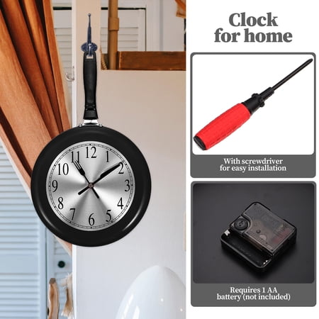 HONMEET Black Frying Pan Wall Clock with Silent Sweep Seconds, Decorative Kitchen and Living Room