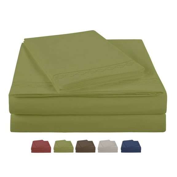 NC Home Fashions Geometric Trim Embroidered microfiber sheet set, ultra soft, Twin, Fern
