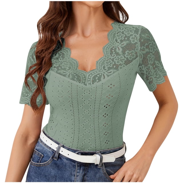 SwiftWear Women's Elegant Floral Lace Ruffle Trim V-Neck Blouse - Keyhole Back Detail Short Sleeve Fitted Sheer Top