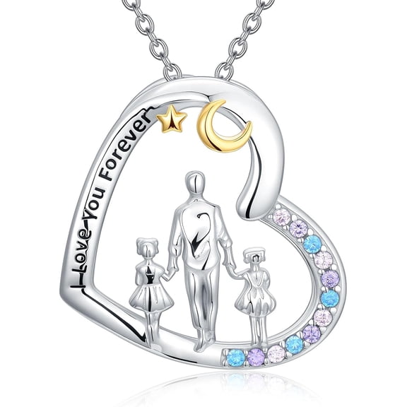 CACA LADY S925 Sterling Silver Father 2 Daughter Moon and Star Heart Pendant Necklace I Love You Forever Jewelry gift from Dad Mom
