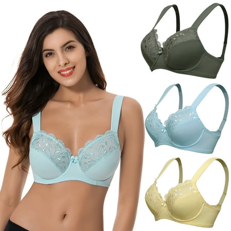 Curve Muse Plus Size Unline Minimizer Underwire Bra with Embroidery Lace-3Pack-YELLOW Hunter Green Light BLUE-48C