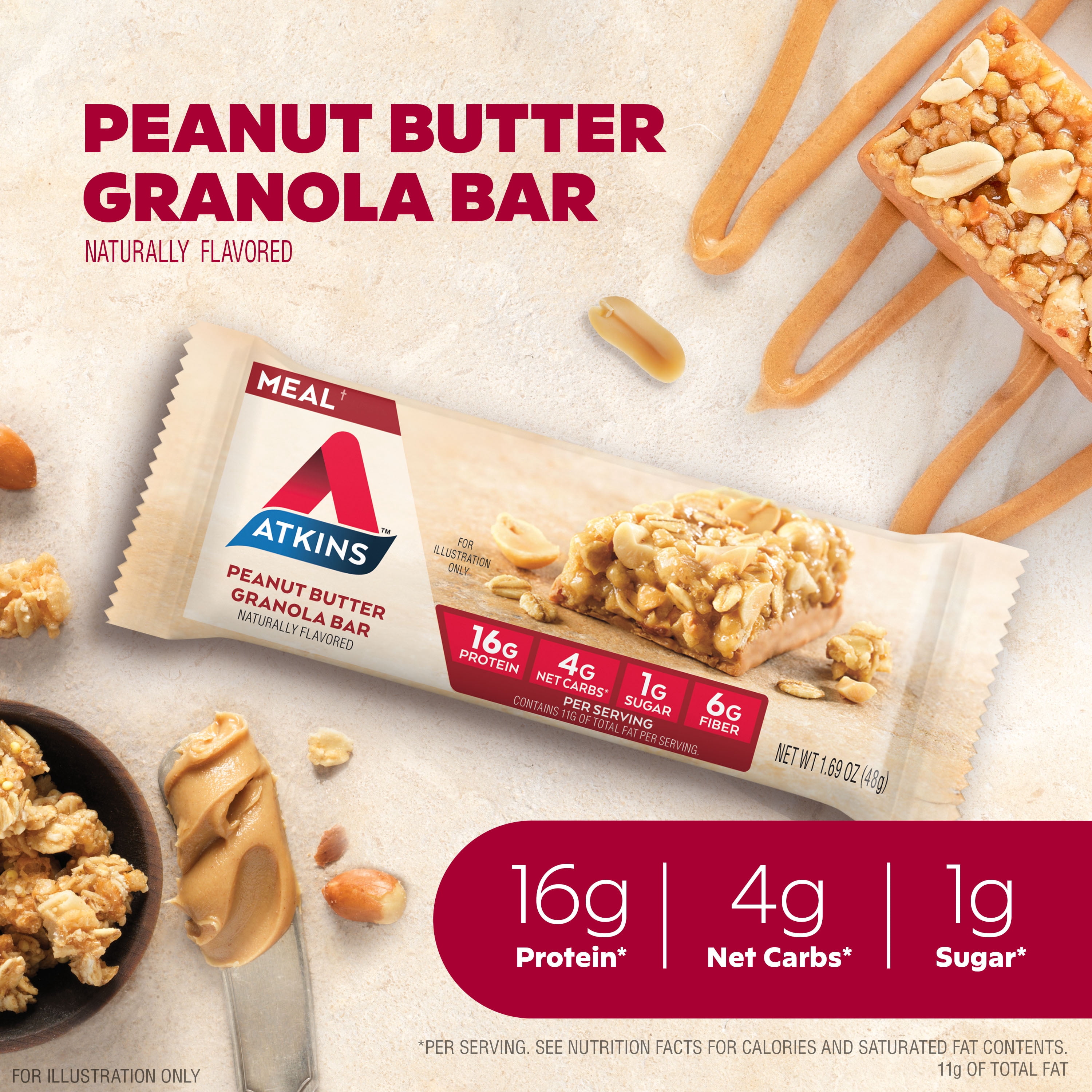 Atkins Peanut Butter Granola Protein Meal Bar, 16g of Protein, Meal Replacement, 8 Count (Value Pack)