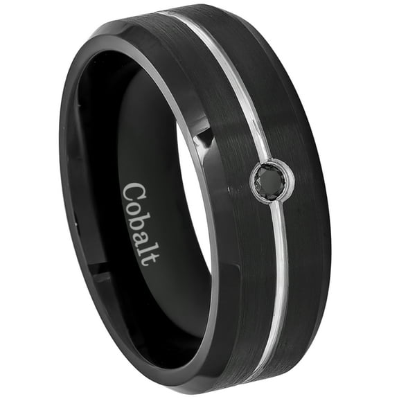 0.05ctw Black Diamond Cobalt Ring - 8mm Grooved Black Cobalt Chrome Mens Beveled Wedding Band Anniversary Ring