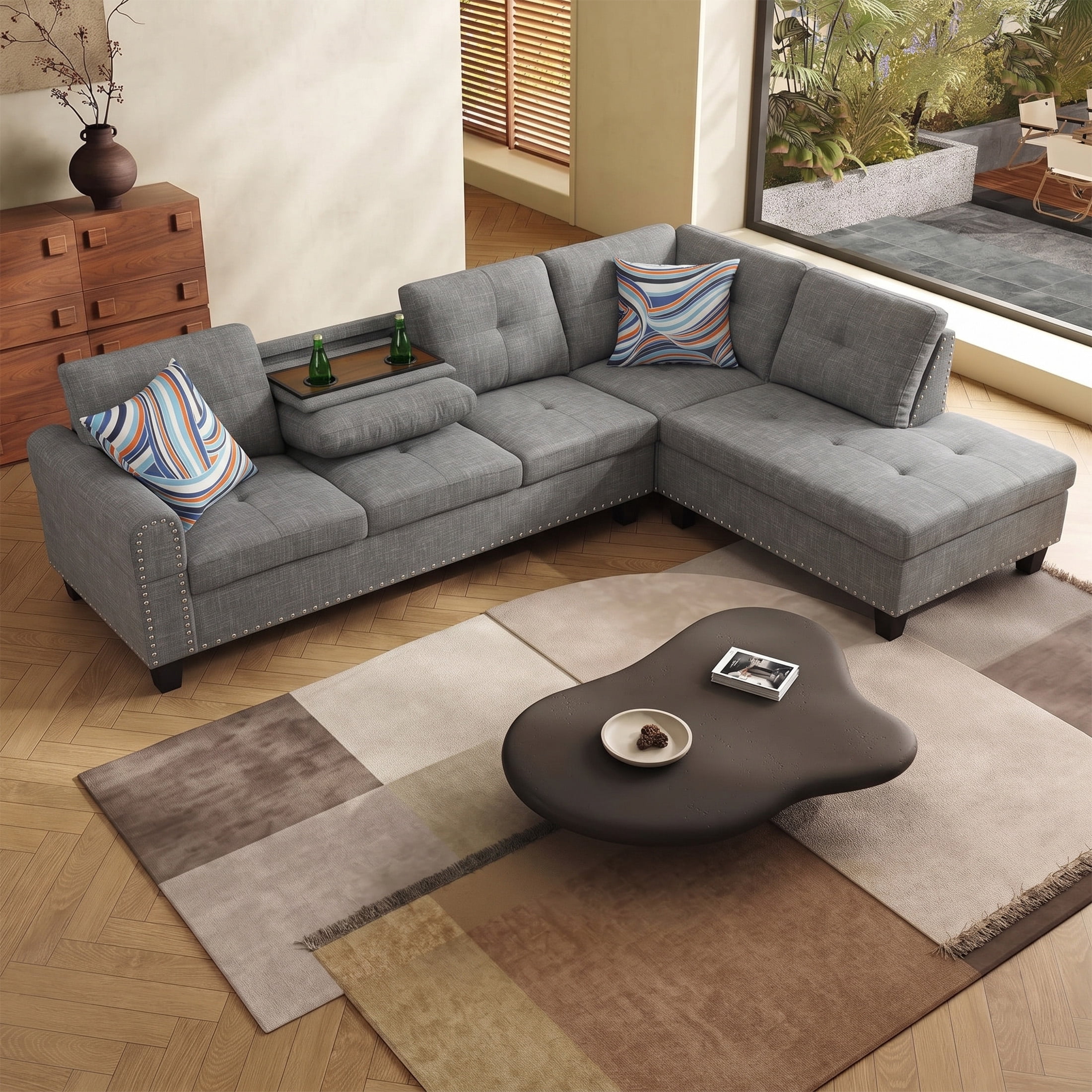 AENKYO 98" L-Shaped Sectional Sofa with Reversible Chaise and Cup Holders, Linen, Gray