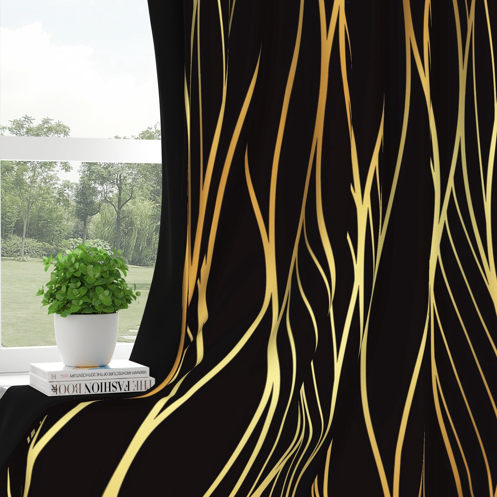 Dashan Golden Wave Line Blackout Curtains for Bedroom Living Room Decor Grommet Window Drapes 52x84 Inch,2 Panels