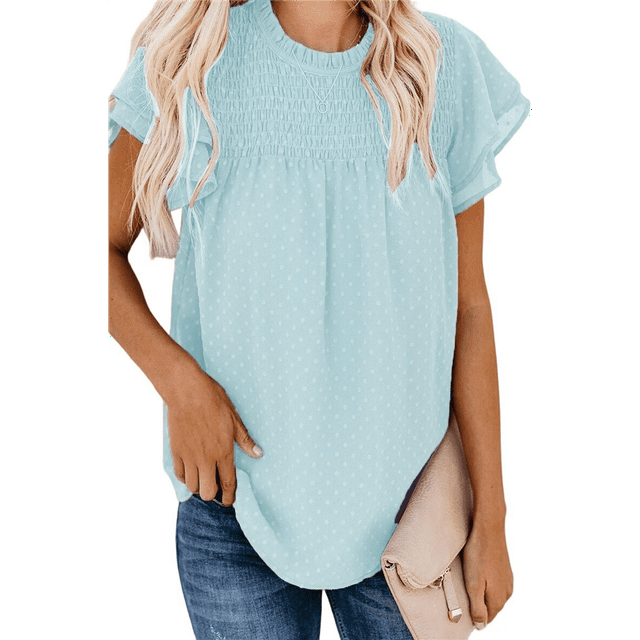 Blusa Informal de Corta con Cuello Redondo, Encaje, Crochet y Pompones para Mujer, Color Azul M