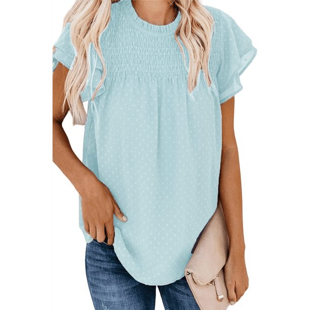 Blusa Informal de Corta con Cuello Redondo, Encaje, Crochet y Pompones para Mujer, Color Azul M