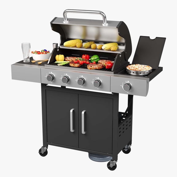 Clouddwell 4 Burner Gas Propane Grill, with 4 Casters, Side Table, and Thermometer, Patio Garden BBQ Grill Perfect for Camping, Black and Silver