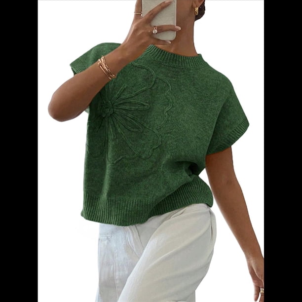 Suéter Acanalado para Mujer, Cuello Redondo, Corta, Corte Holgado, Tejido Floral, Tops Tipo Jersey. Verde Oscuro S