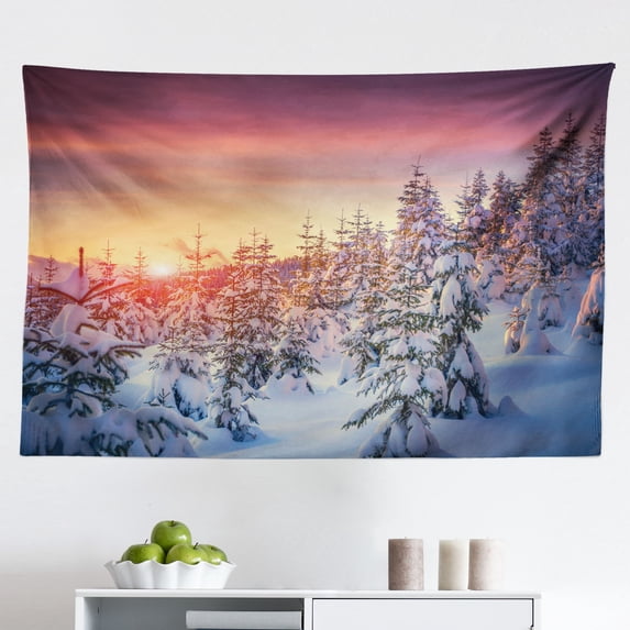 Winter Tapestry, European Snowy Mountains Pine Forest with Sky Colors Overcast Windy Fresh Image, Fabric Wall Hanging Decor for Bedroom Living Room Dorm, 2 Sizes, White Pink, by Ambesonne