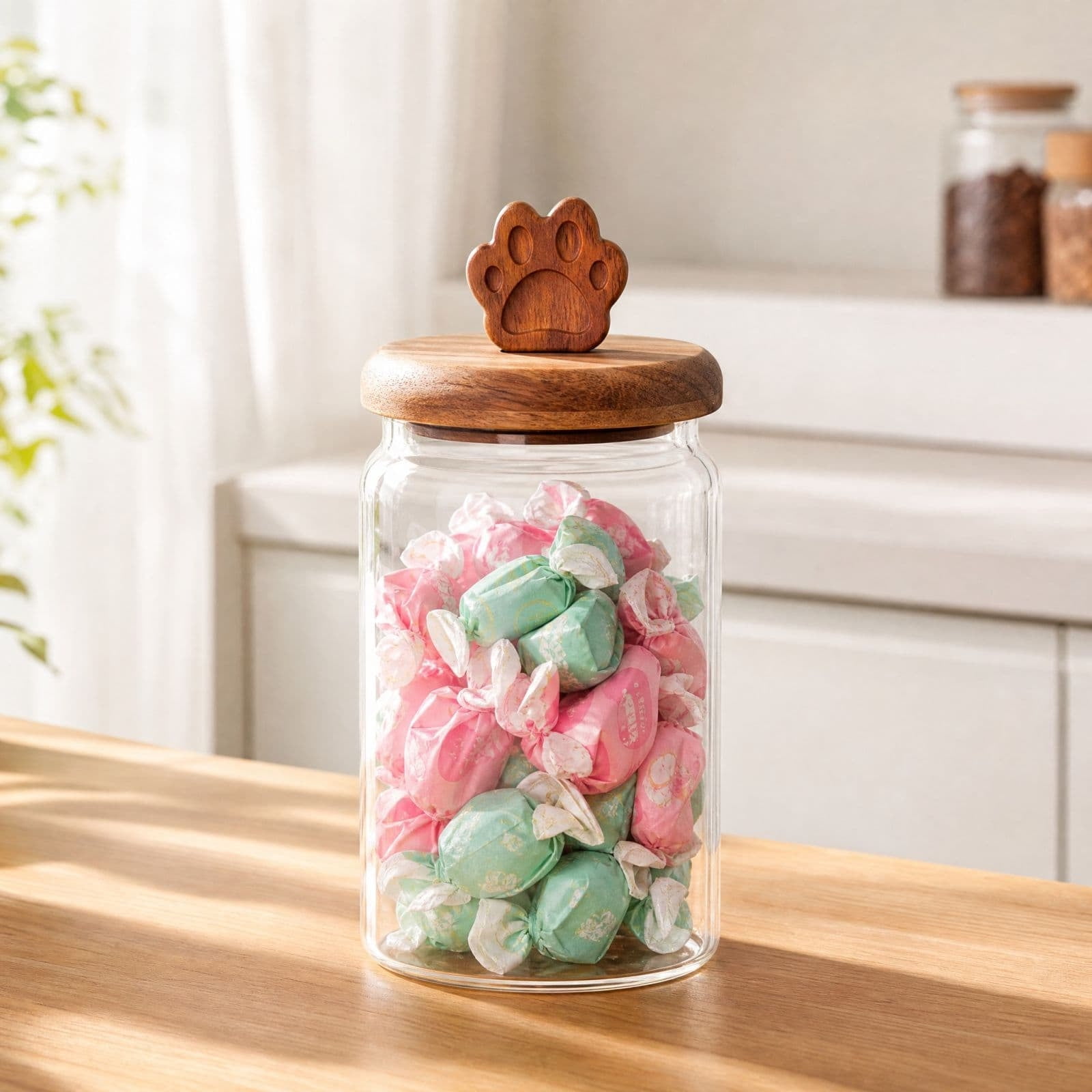 Hometravel Glass Airtight Storage Jar with Cute Paw Shaped Wooden Lid Clear Food Canister Decorative Kitchen Container for Coffee Beans Tea Nuts Snacks Grains & Dry Goods
