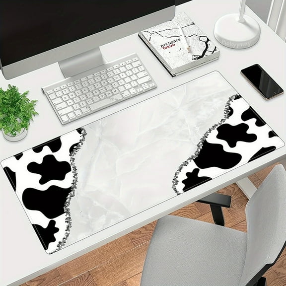 Stylish Black & White Cow Pattern Oblong Desk Mat - Water-Resistant Rubber Mouse Pad with Non-Slip Base and Stitched Edges 31.5x11.8 inch for Office and Home