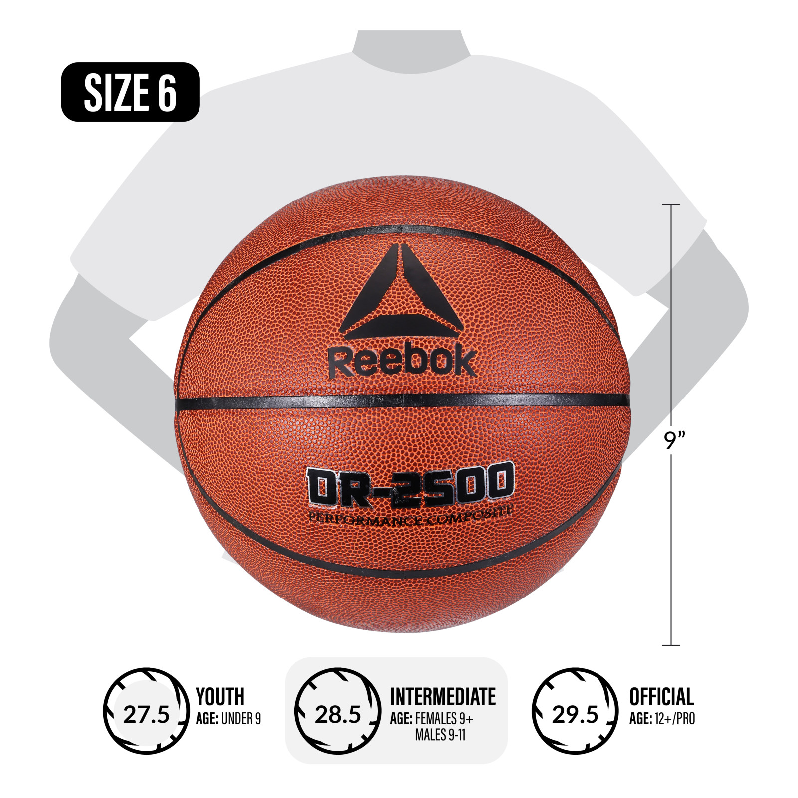 Reebok Durable Rubber Indoor/Outdoor Basketball with Inflatable Pump for Indoor & Outdoor Play, Size 6 (28.5 in)