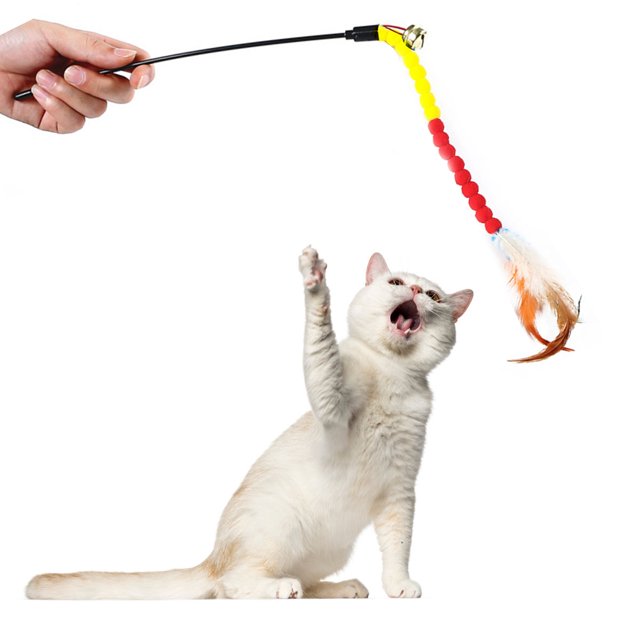 Cat Teaser Wand Plush Artificial Feather Bell Cat Wand Toy Cat Interactive Toy