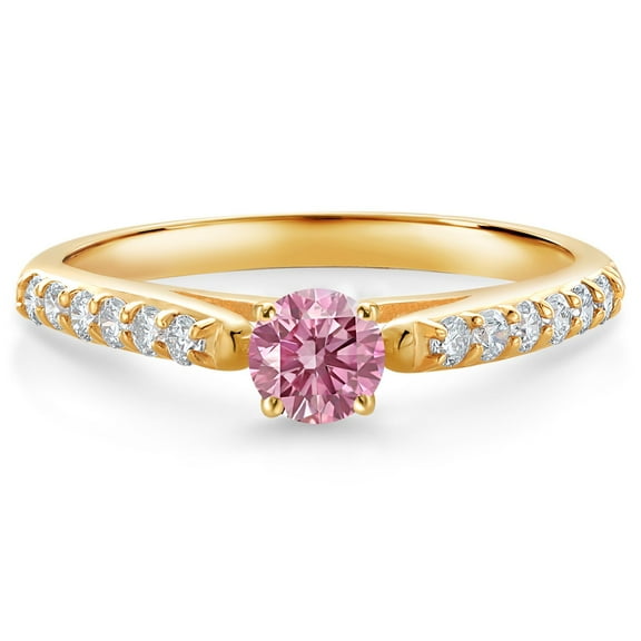 Gem Stone King 10K Yellow Gold Pink and White Lab Grown Diamond Engagement Ring for Women (0.43 Cttw, Gemstone April Birthstone, Round 4MM, Size 9)