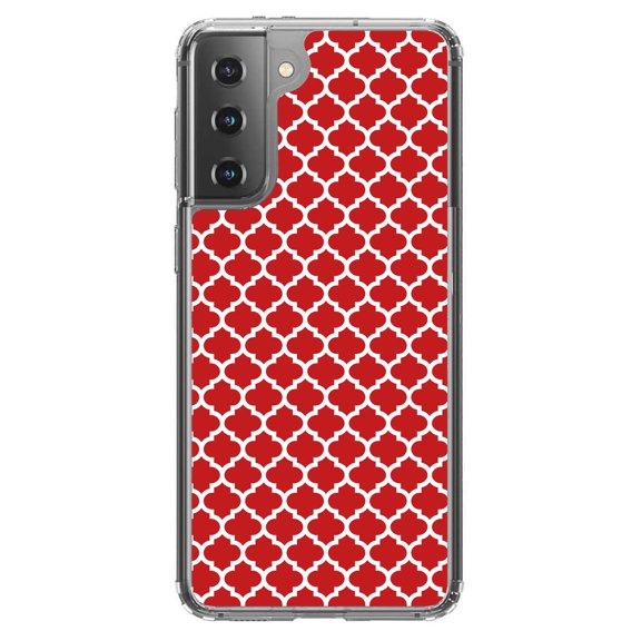 DistinctInk Clear Shockproof Hybrid Case for Galaxy S21 5G (6.2" Screen) - TPU Bumper, Acrylic Back, Tempered Glass Screen Protector - Red White Moroccan Lattice