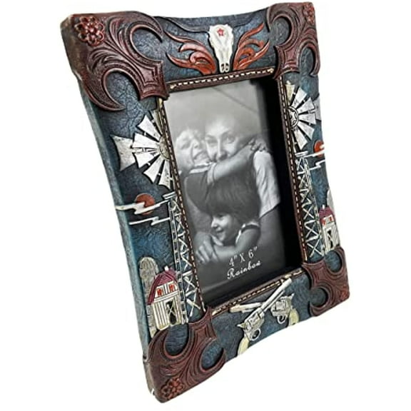Urbalabs Western Cowboy Farmhouse Cow Skull Six Shooter Picture Photo Frame Country Decor Picture Frame 4" x 6" Rustic Gifts Farmhouse Picture Frames Standing 4x6 Elaborate Picture Frame
