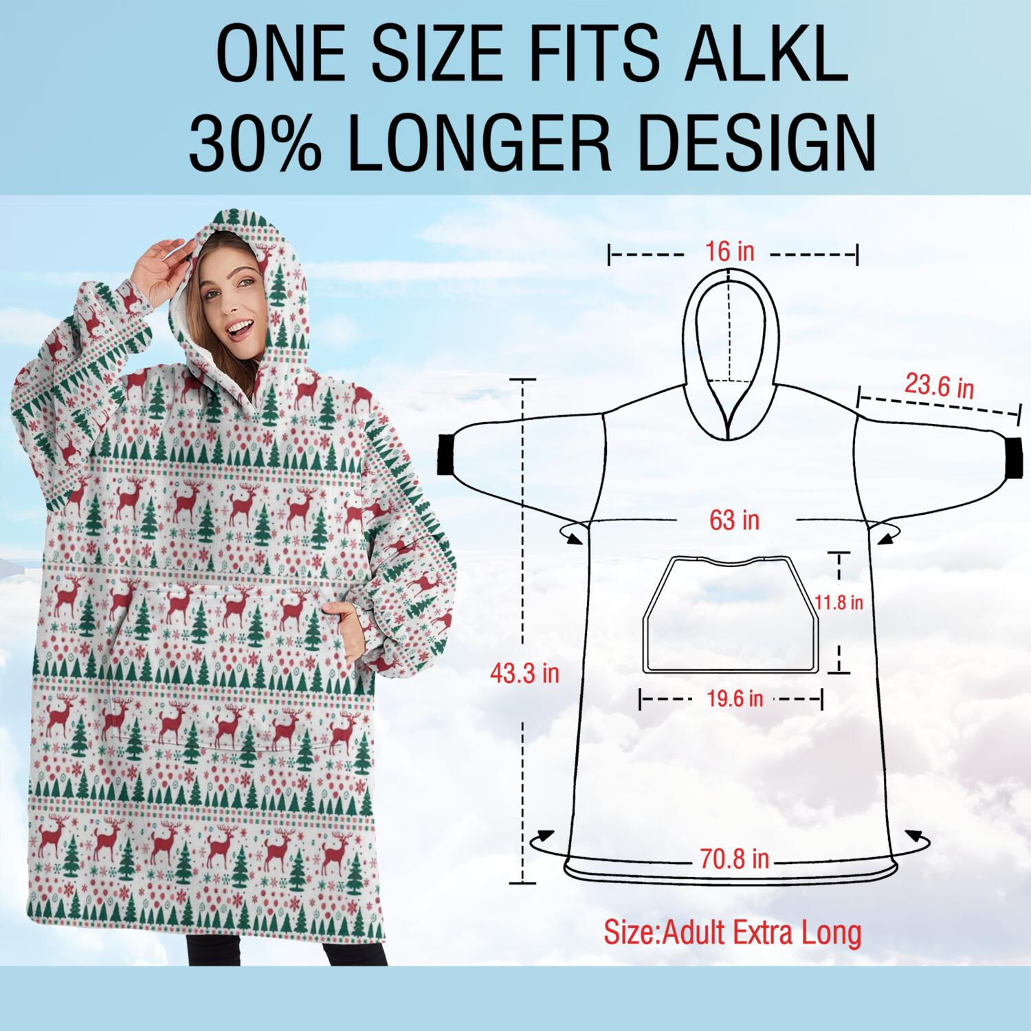 Oversized Wearable Blanket Hoodie,White Christmas Deer and Tree Pattern Sherpa Blanket Hoodie with Super Pockets,Super Warm Fuzzy Pullover for Women & Men