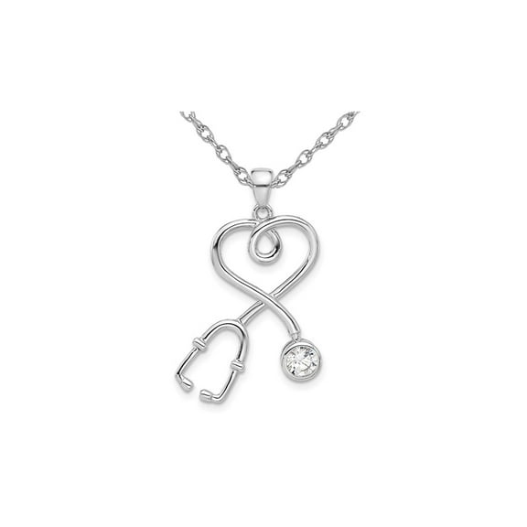 Stethoscope Charm Pendant Necklace in Sterling Silver with Cubic Zirconia (CZ) and Chain for Women