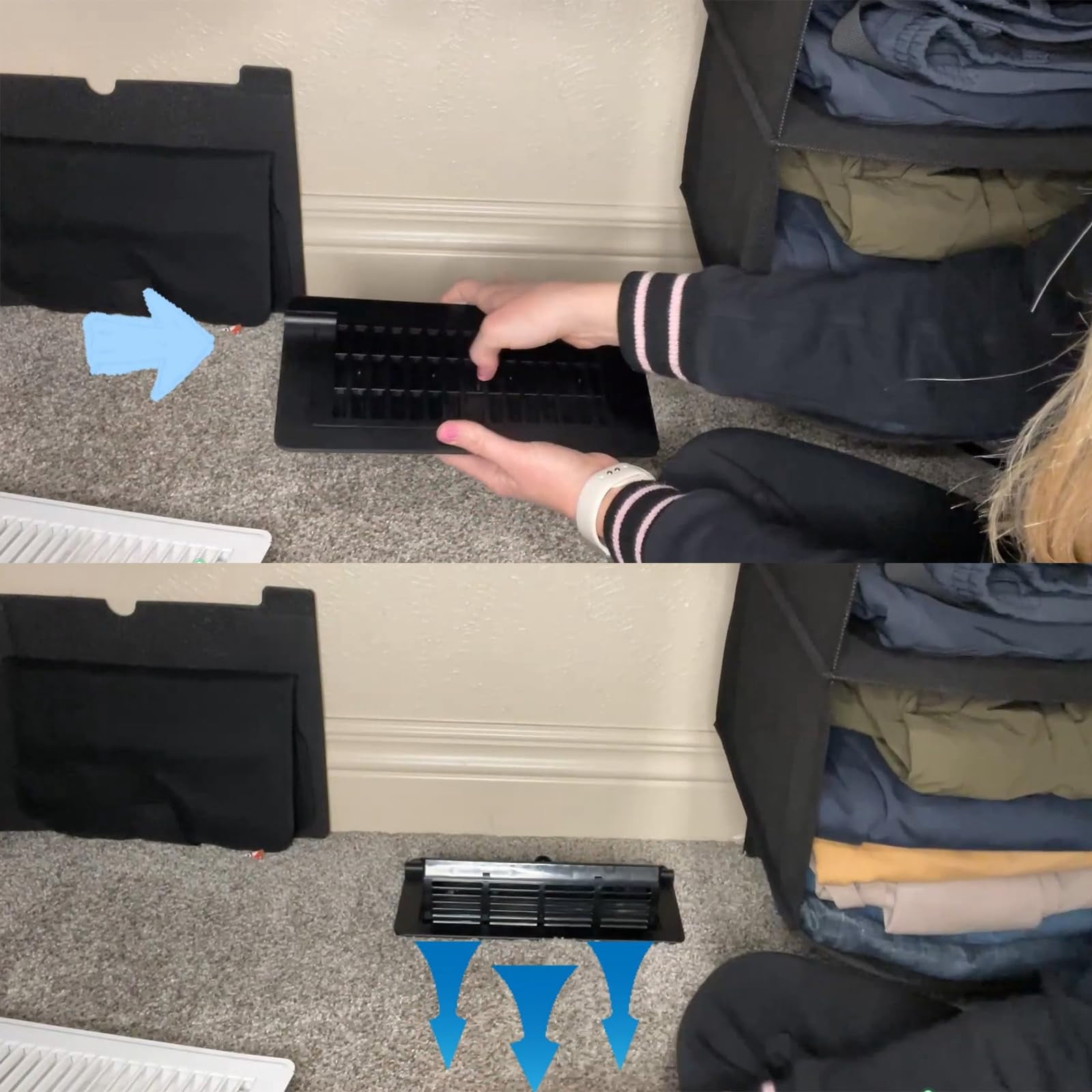 2Pack 2-in-1 Vent Deflectors & Floor Vent Covers, Adjustable Floor Register 4x10, Air Vent Deflector for Home Floor, Office, Ceiling, Tool-Free Install, Black,