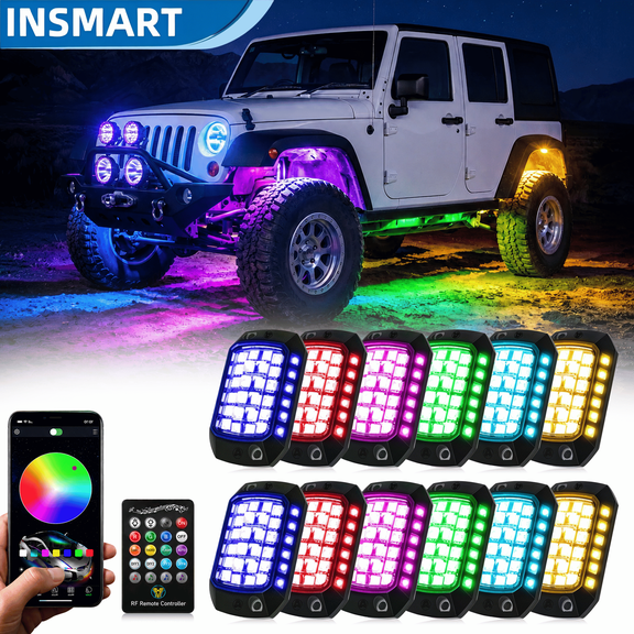 INSMART LED Rock Lights, 12 Pods RGB Multicolor Underglow Lights Kit with APP Control & Music Mode, for Trucks, Cars, ATV, UTV, Off-Road Vehicles