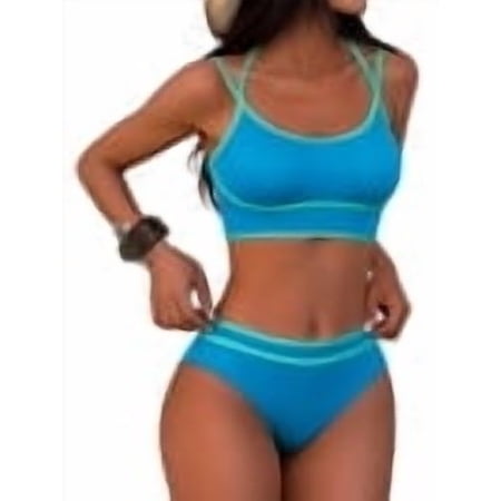 ANRABESS Womens Swimsuits Two Piece Bikini Set High Waisted Halter Color Block Bathing Suits Summer Sporty Cheeky Swimwear Blue Small