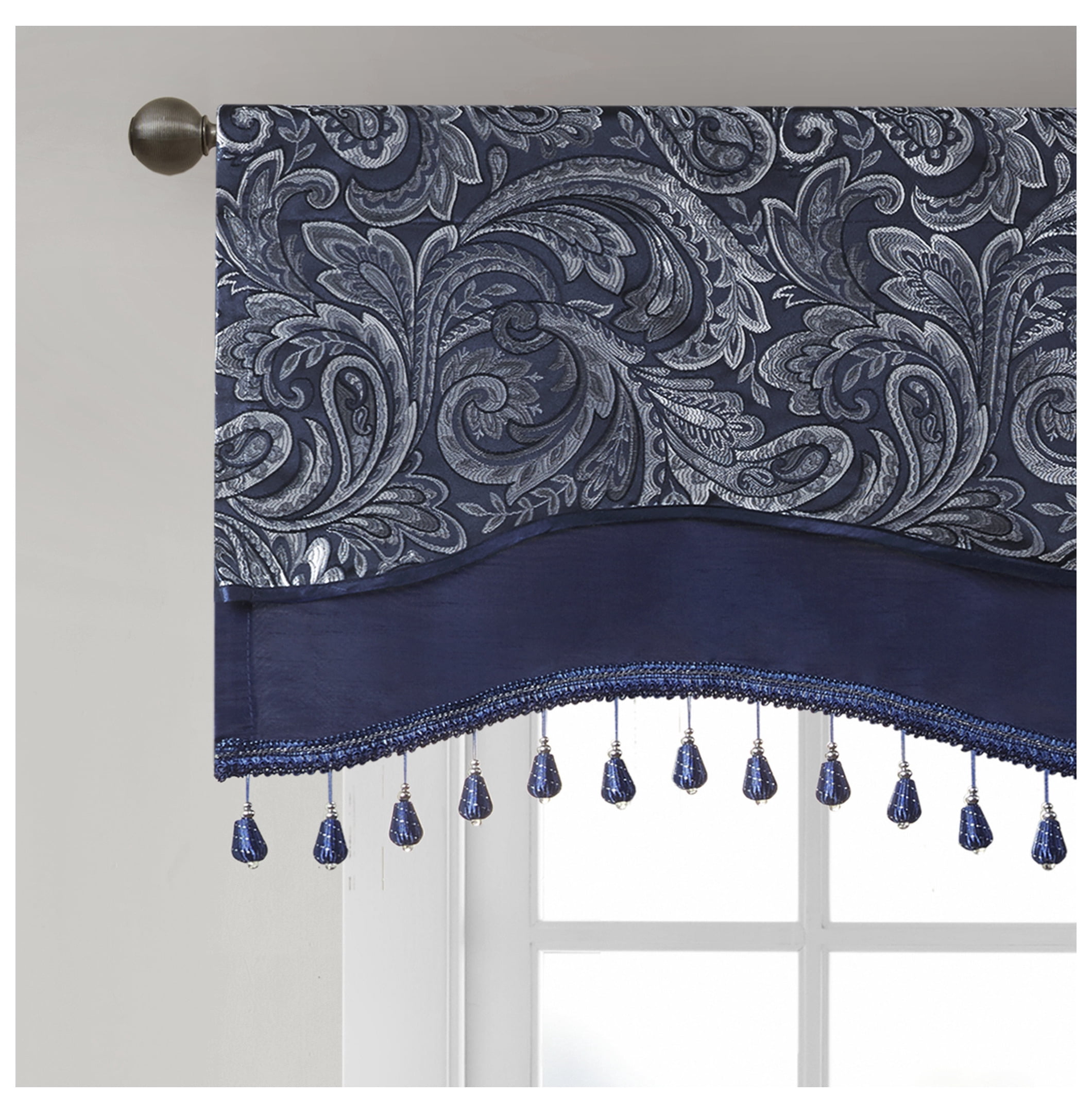 Jacquard Window Rod Pocket Valance With Beads Navy 50x18" Navy + Polyester