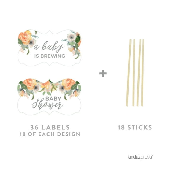 Peach Coral Floral Garden Party Baby Collection,18-Pack Fancy Frame Cupcake Topper DIY