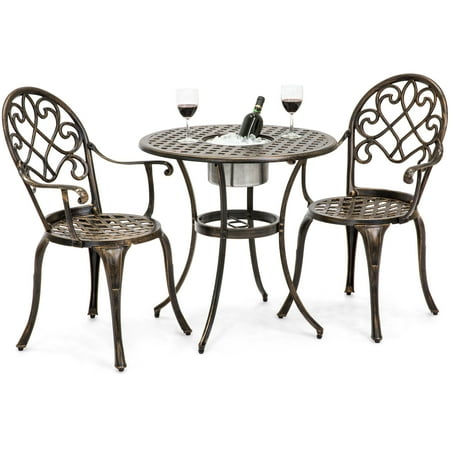Cast Aluminum Outdoor Bistro Furniture Set Best Choice Products Cast Aluminum 3-Piece Outdoor Bistro Set with Attached Ice Bucket, Copper ()