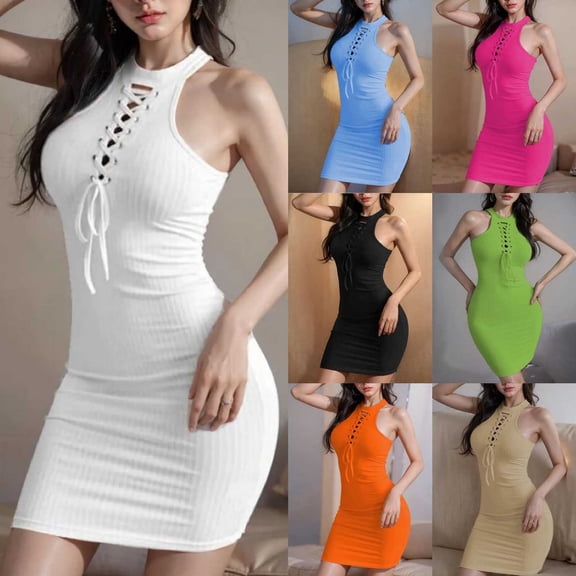 Antinious Womens Dresses for Party,Ladies Casual Beach Dress,Holiday Dresses for Women Solid Camis Sleeveless Round Neck Dress,Khaki,M