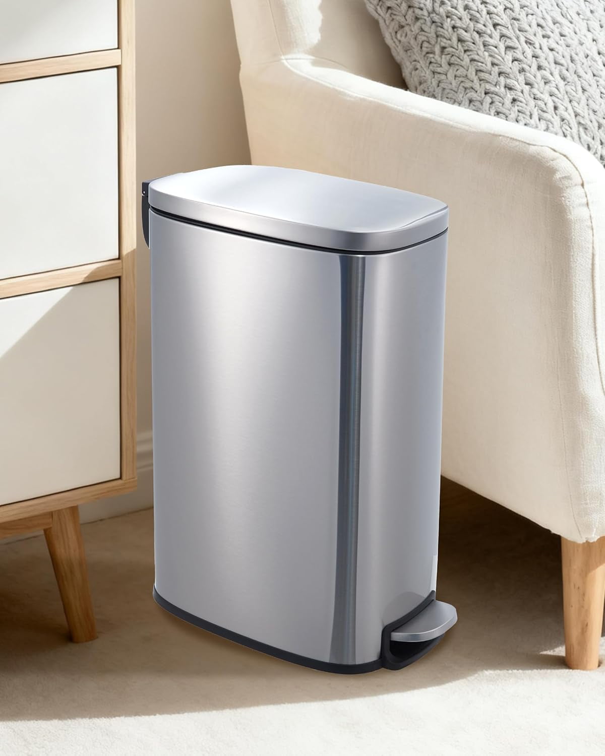 13 gal Slim Trash Can, Step Garbage Can with Soft-Close Lid, Stainless Steel Recycling Bin Waste Container with Removable Inner Bucket for Kitchen, Bathroom, Office (Silver)