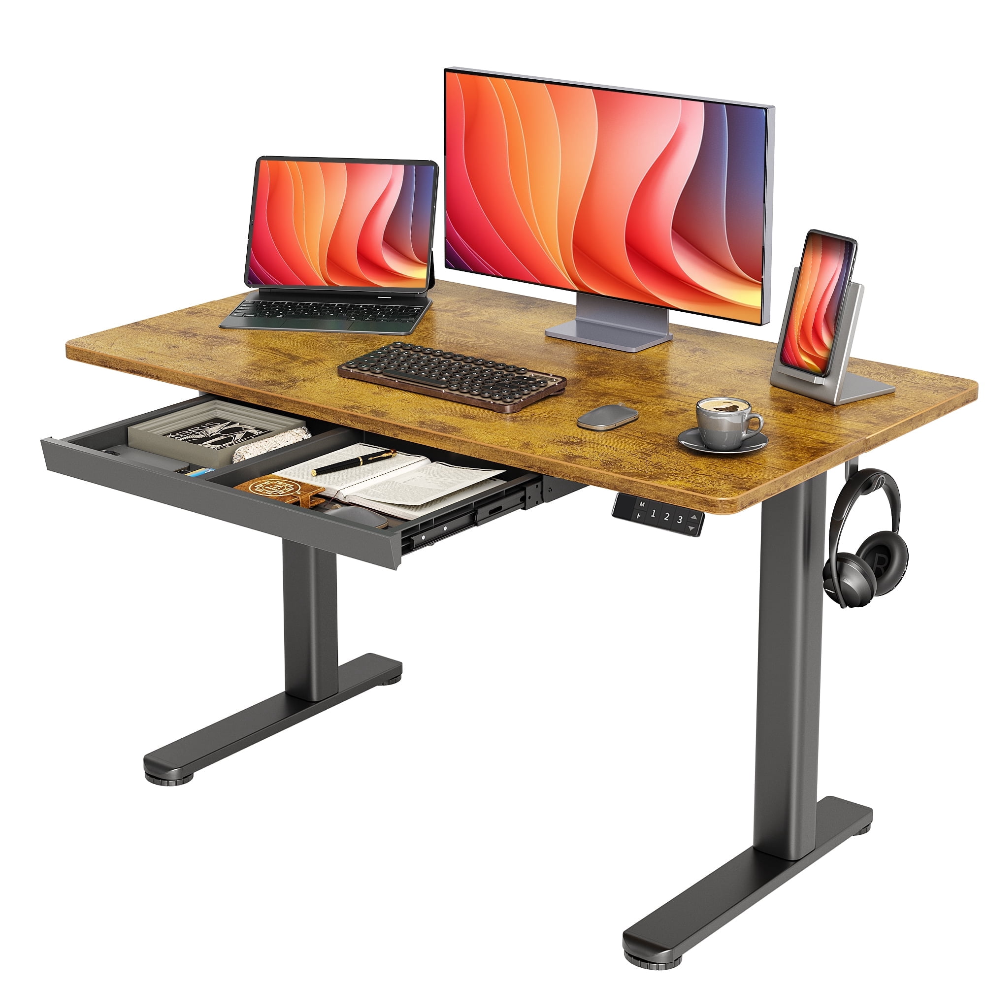 INNOVAR Standing Desk with Drawers, 48 x 24 inches Electric Standing Desk Adjustablei Height, Sit to Stand up Desks Computer Workstation, Rustic Brown