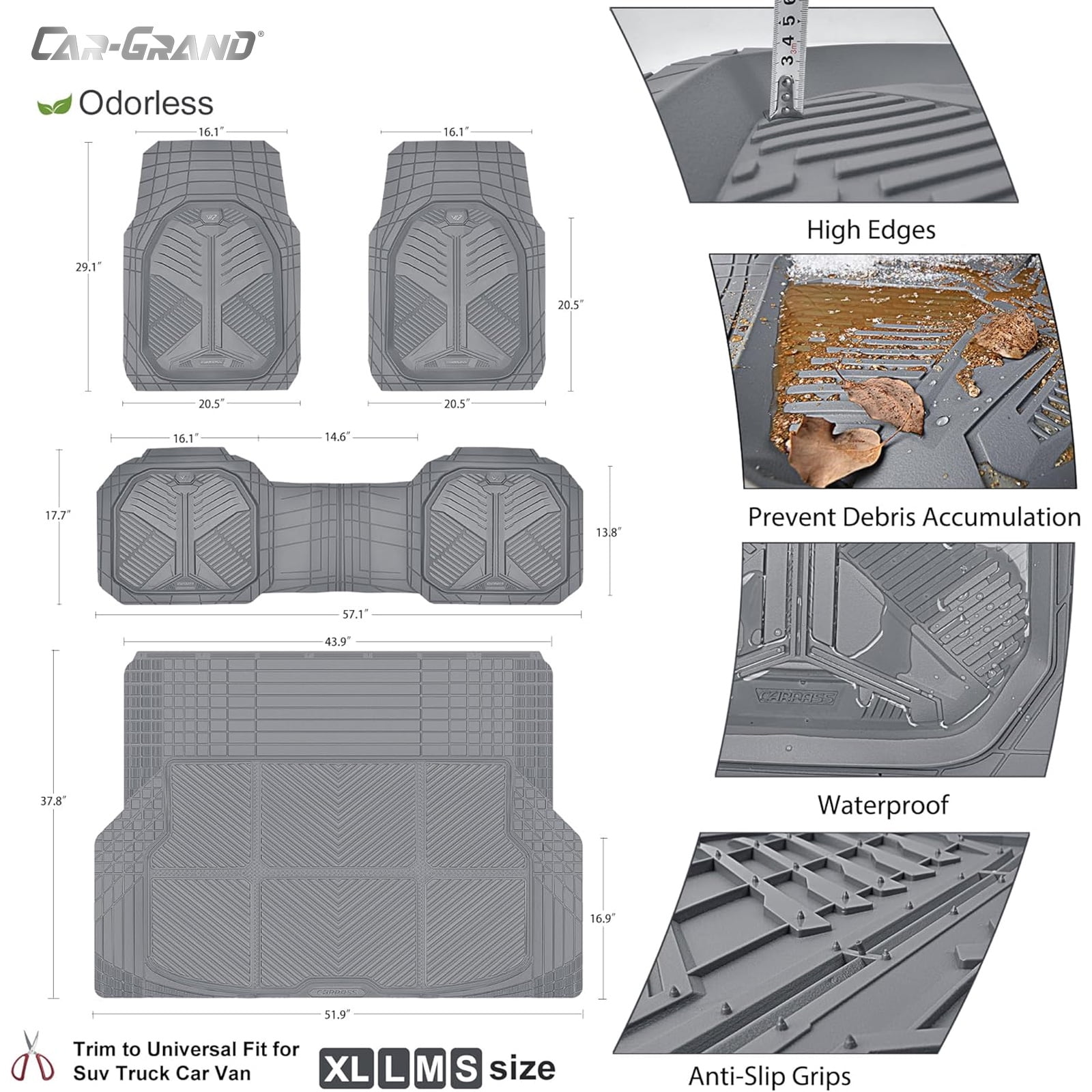CAR GRAND Heavy duty rubble car floor mats full set deep dish water proof anti slip all weather truck mats universal fit trim-to-fit trimmable all gray