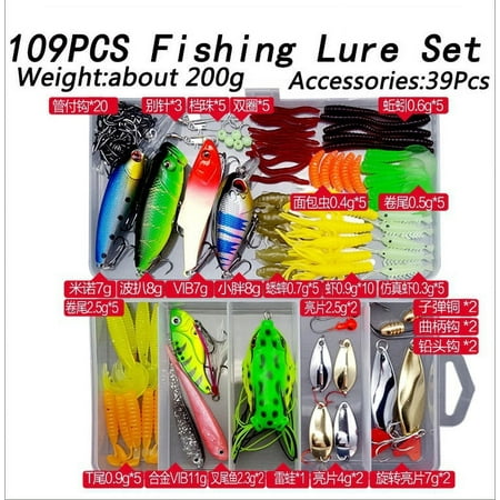 109pcs Fishing Lures Kit for Freshwater Bait Tackle Kit for Bass Trout Salmon Fishing Accessories Tackle Box Including Spoon Lures Soft Plastic Worms Crankbait Jigs Fishing Hooks