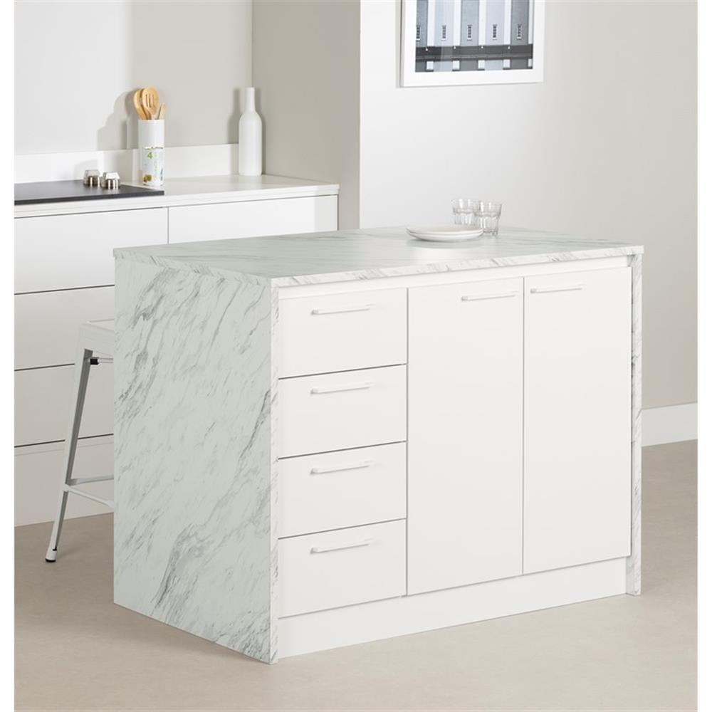 South Shore Myro, Contemporary Kitchen Island, Faux White Marble and White