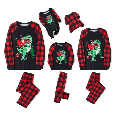 

Xingqing Christmas Family Matching Pajamas Set Dinosaur Santa Claus Print T-shirt with Plaid Pants Sleepwear