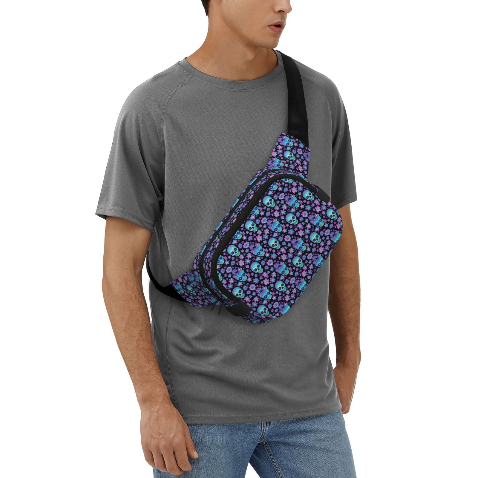 Picia Funny Skull Flower Print Square Double-Layer Waist Bag Mini Adjustable Waist Belt Bag Exercise Running Travel Hiking