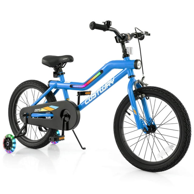 Costway Vélo pour Enfants 18 Pouces à DEL avec Siège Ajustable, Frein à Rétropédalage, Roues Stabilisatrices, Bleu